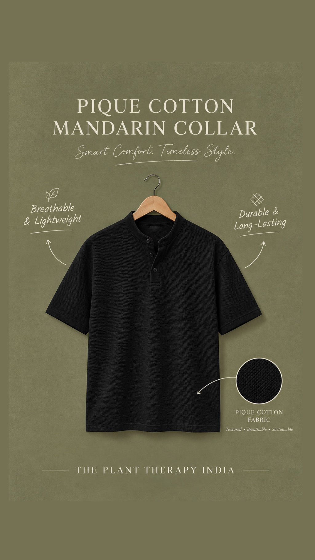 Pique Cotton Sustainable Mandarin Collar Men (Black)