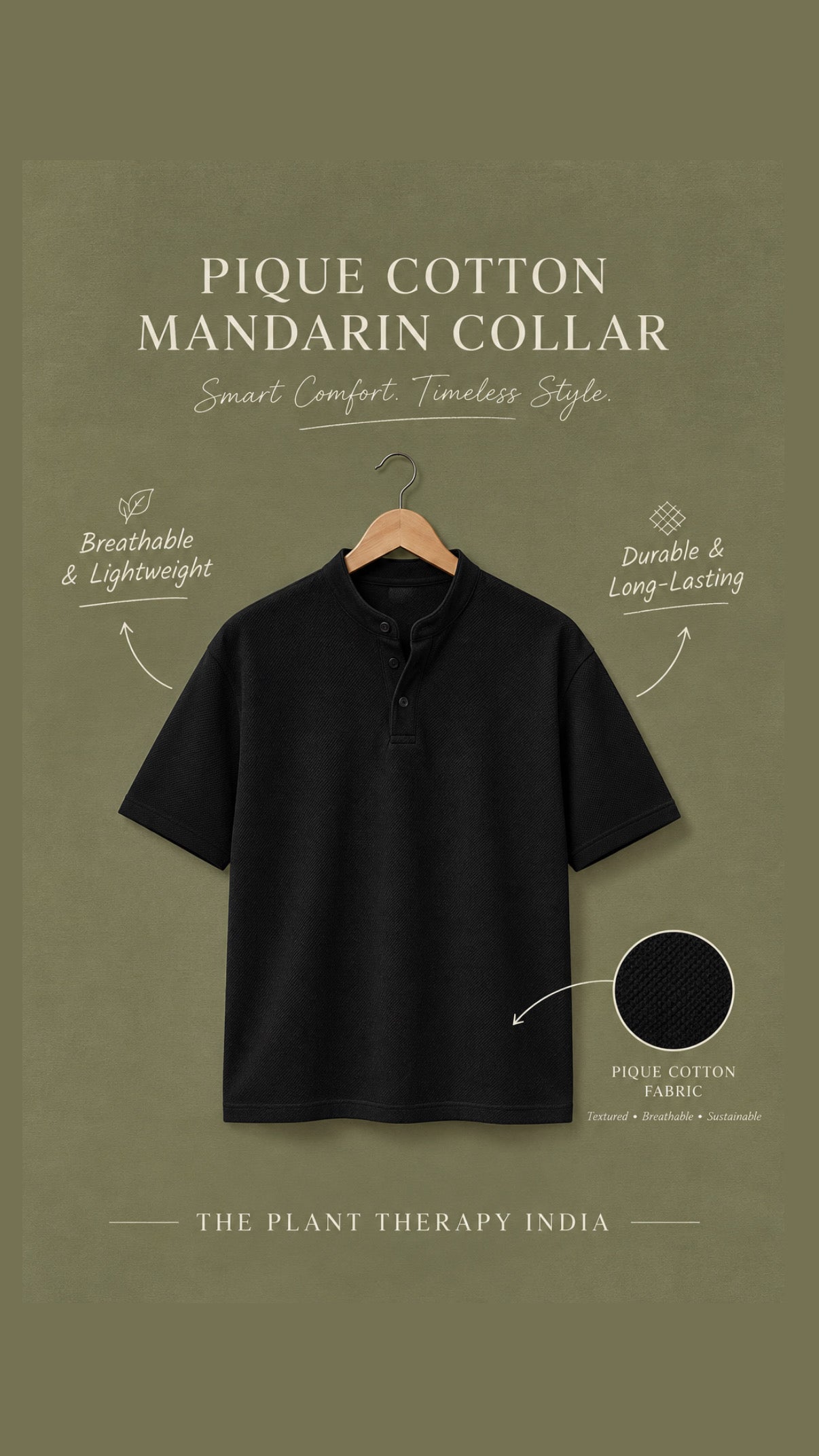 Pique Cotton Sustainable Mandarin Collar Men (Black)